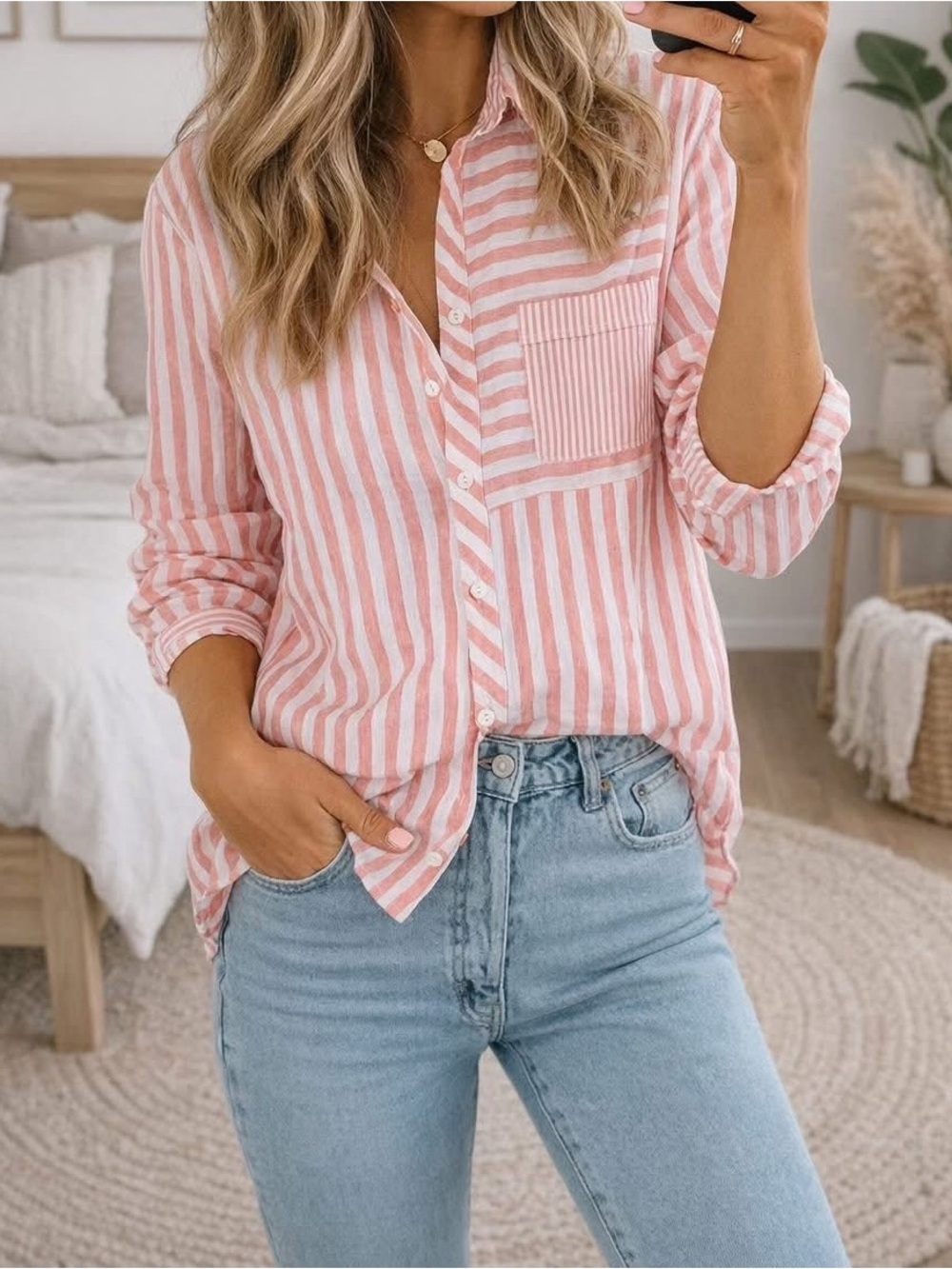 Relaxed Pink Striped Button-Down Shirt with Chest Pocket